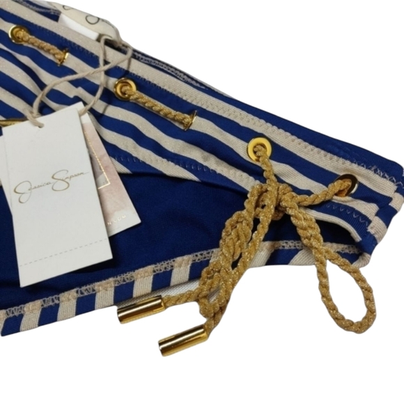 Jessica Simpson Women's Blue White Striped Hipster Swim Bikini Bottom Size L NWT - Picture 3 of 7